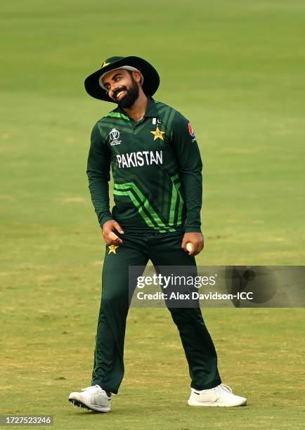 Shadab Khan of Pakistan reacts during the ICC Men's Cricket World Cup India 2023 between Pakistan and Sri Lanka at Rajiv Gandhi International Stadium...