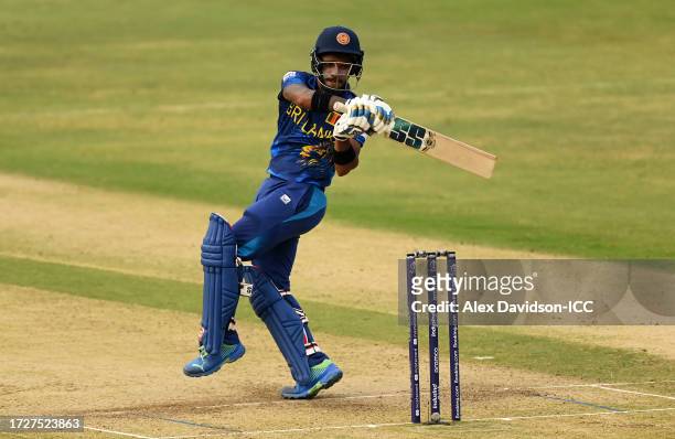 Pathum Nissanka of Sri Lanka plays a shot during the ICC Men's Cricket World Cup India 2023 between Pakistan and Sri Lanka at Rajiv Gandhi...