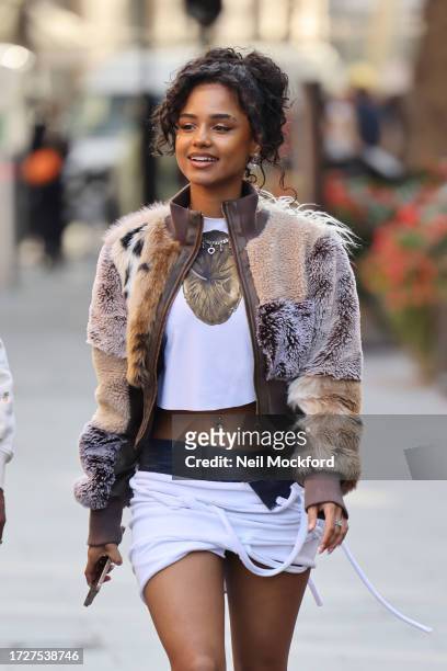 Tyla arrives at Capital Xtra Radio Studios on October 10, 2023 in London, England.