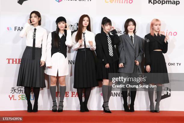 Lily, Haewon, Sullyoon, Bae, Jiwoo and Kyujin of girl group NMIXX attend the 2023 The Fact Music Awards on October 10, 2023 in Incheon, South Korea.