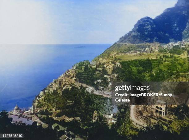 panorama of positano in 1887, italy, historical, digitally restored reproduction of a photo by giorgio sommer, coloured - colouring stock illustrations