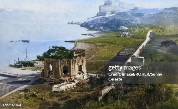 the temple of venus and the castle in the bay of naples, 1870, italy, historical, digitally restored reproduction of a photograph by giorgio sommer, coloured - castelo stock illustrations