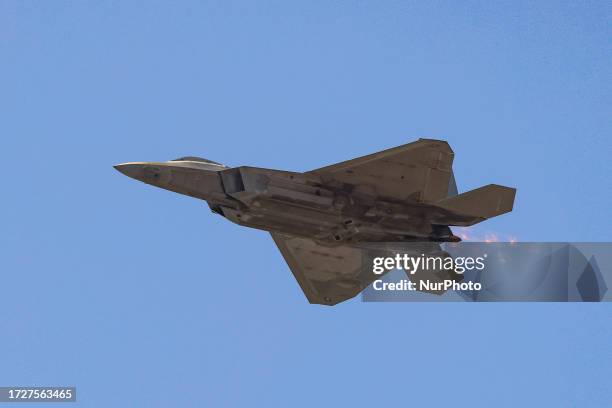 Air Force F-22 Raptor fighter jet, manufactured by Lockheed Martin performs during the media day of the Seoul International Aerospace &amp; Defense...