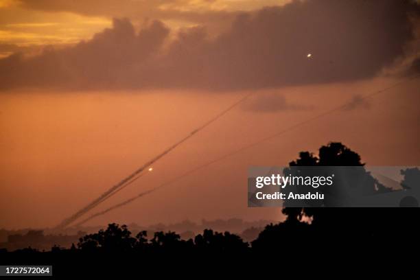 Palestinian resistance groups in Gaza fire rockets to Israel in response to Israeli attacks on Gaza Strip, seen from Sderot, Israel on October 16,...