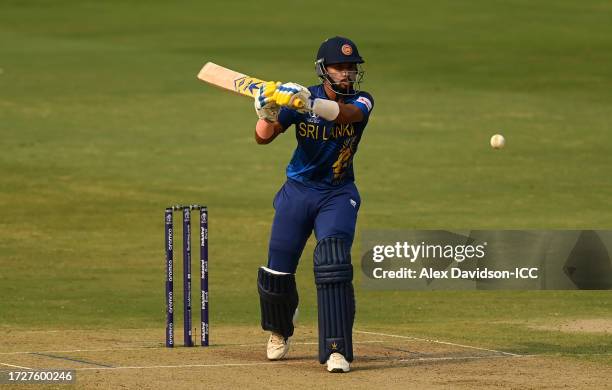 Sadeera Samarawickrama of Sri Lanka plays a shot during the ICC Men's Cricket World Cup India 2023 between Pakistan and Sri Lanka at Rajiv Gandhi...