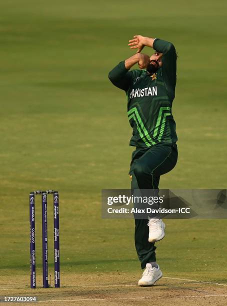 Shadab Khan of Pakistan reacts bowls during the ICC Men's Cricket World Cup India 2023 between Pakistan and Sri Lanka at Rajiv Gandhi International...