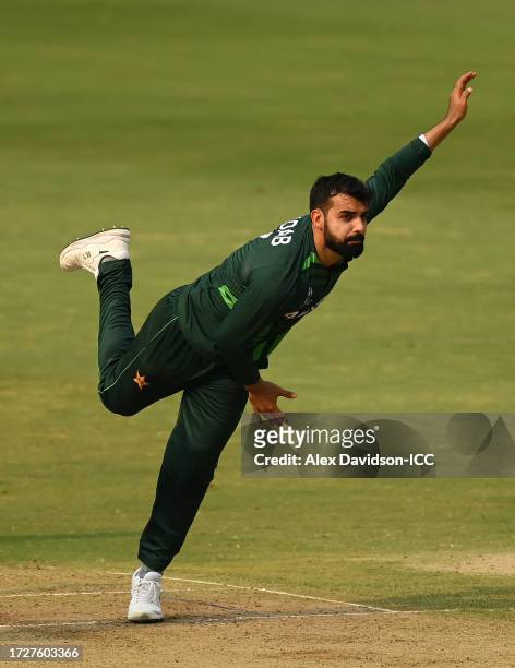 Shadab Khan of Pakistan reacts bowls during the ICC Men's Cricket World Cup India 2023 between Pakistan and Sri Lanka at Rajiv Gandhi International...