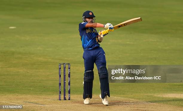 Sadeera Samarawickrama of Sri Lanka plays a shot during the ICC Men's Cricket World Cup India 2023 between Pakistan and Sri Lanka at Rajiv Gandhi...