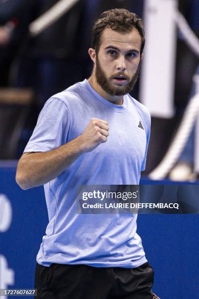 French Hugo Gaston celebrates during a first round match at the European Open Tennis ATP tournament, in Antwerp, Monday 16 October 2023. BELGA PHOTO...