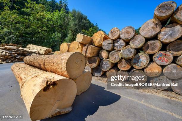 stacked and debarked baom logs in a sawmill, allgaeu, bavaria, germany - debarked stock pictures, royalty-free photos & images