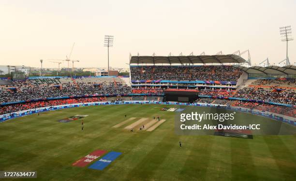 General view inside the stadium during the ICC Men's Cricket World Cup India 2023 between Pakistan and Sri Lanka at Rajiv Gandhi International...