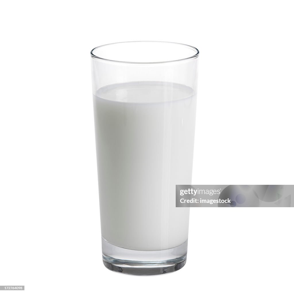 Tall glass of milk against a white background