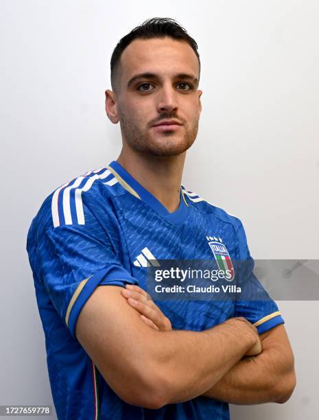 Federico Gatti of Italy poses during an Italy portrait session at Centro Tecnico Federale di Coverciano on October 10, 2023 in Florence, Italy.