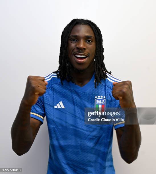 Moise Kean of Italy poses during an Italy portrait session at Centro Tecnico Federale di Coverciano on October 10, 2023 in Florence, Italy.