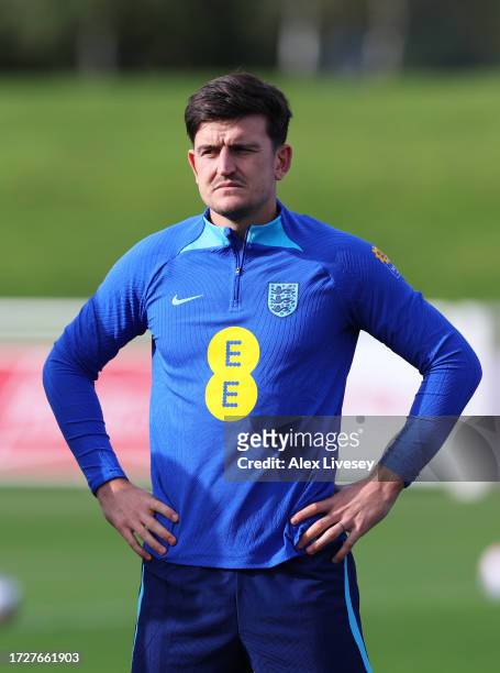 Harry Maguire of England looks on during a training session at St Georges Park on October 10, 2023 in Burton-upon-Trent, England.