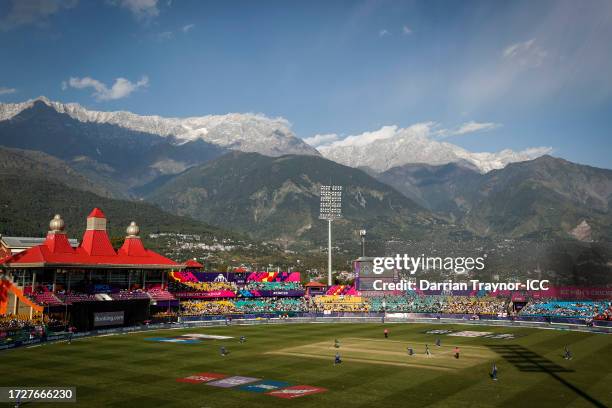 General view during the ICC Men's Cricket World Cup India 2023 between England and Bangladesh at HPCA Stadium on October 10, 2023 in Dharamsala,...