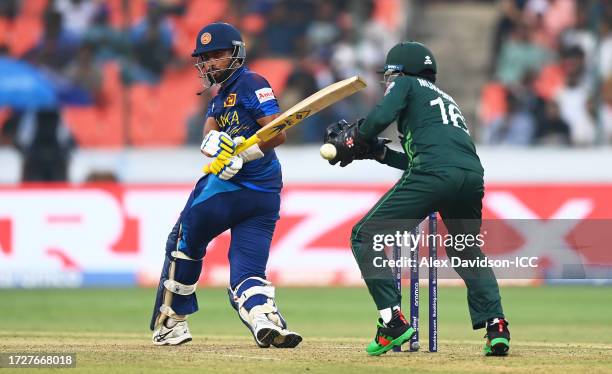 Sadeera Samarawickrama of Sri Lanka plays a shot during the ICC Men's Cricket World Cup India 2023 between Pakistan and Sri Lanka at Rajiv Gandhi...