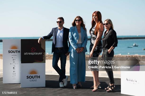 Emilio Sanchez Zaballos, Carmen Ferreiro and Valeria Vegas attend 'El enigma Nadiuska' photocall during the South International Series Festival 2023...