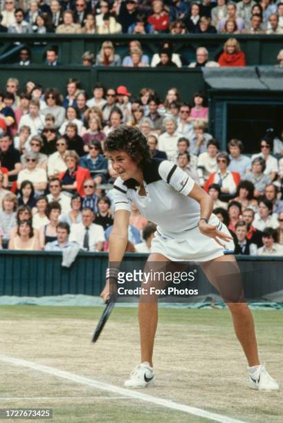 American tennis player Pam Shriver competing in the women's singles tournament at the Wimbledon Tennis Championship in London, 1981.