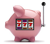 Pink piggy bank slot machine on white background