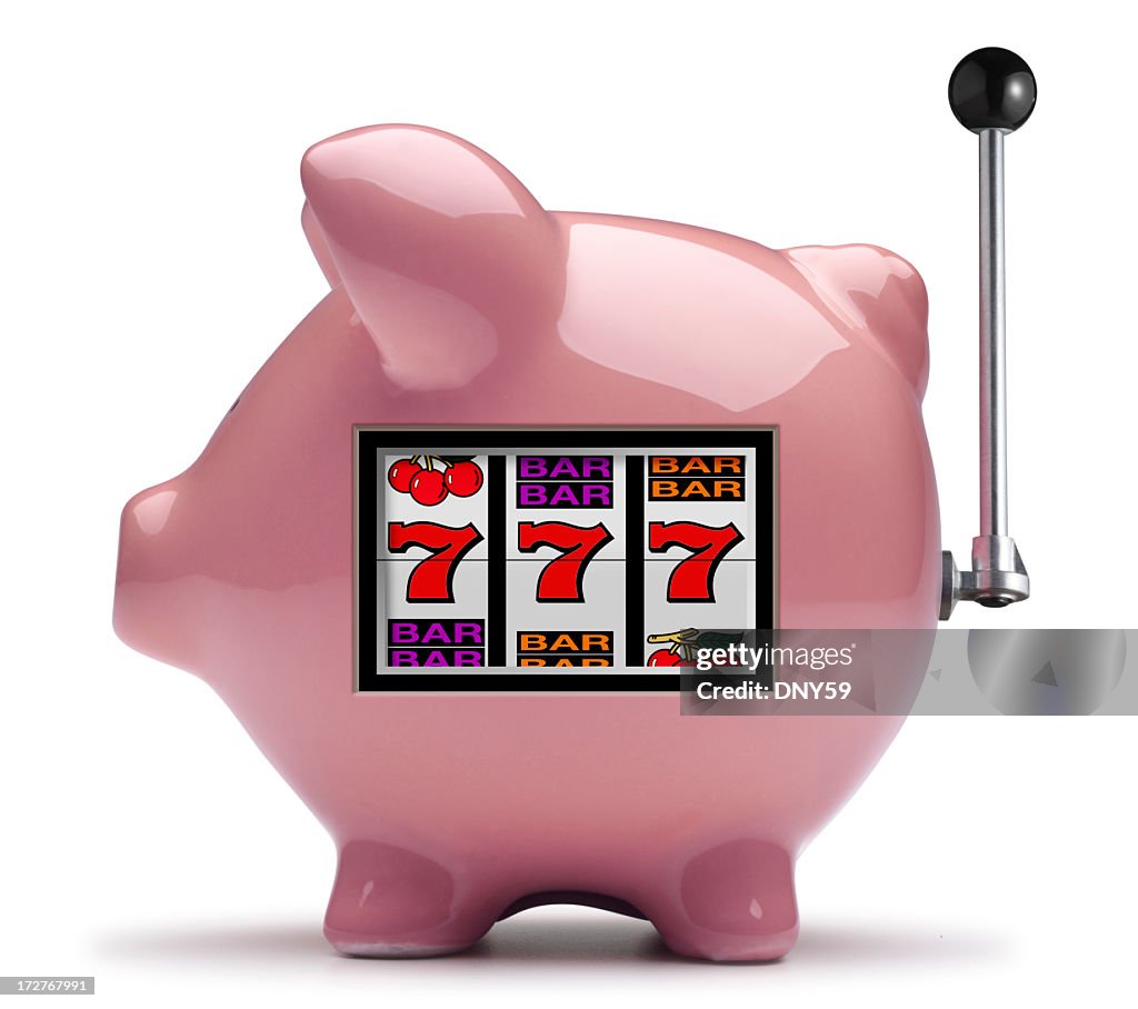 Pink piggy bank slot machine on white background