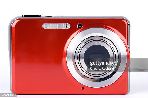 close-up of a red digital camera on a white background - digital camera stock pictures, royalty-free photos & images