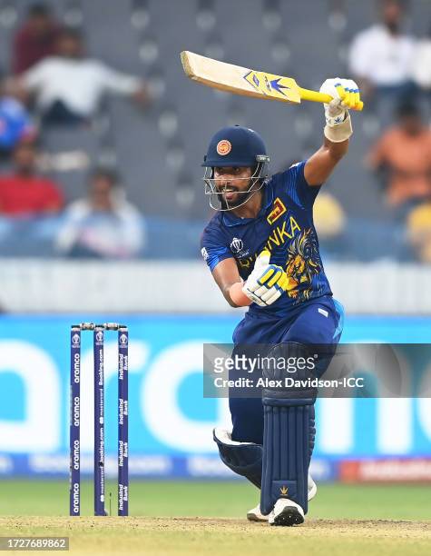 Sadeera Samarawickrama of Sri Lanka plays a shot during the ICC Men's Cricket World Cup India 2023 between Pakistan and Sri Lanka at Rajiv Gandhi...