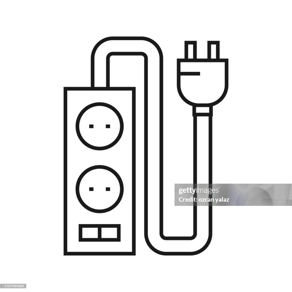 Multi plug network, power extension cable equipment cable. black color vector illustration.Device, Wired, Electric, Socket, Current