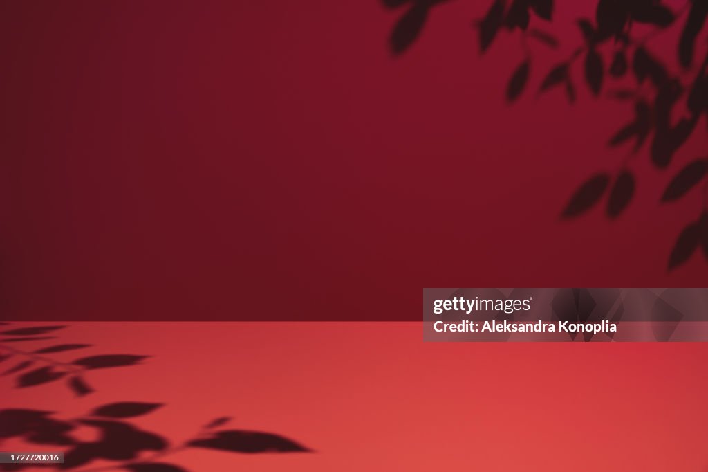Minimal empty dark red monochrome colored room background. Modern studio showcase, product display, 3d stage, pink table with natural tree leaves shadows.