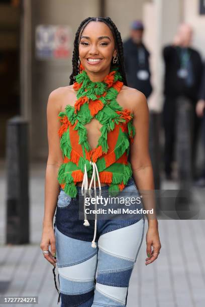 Leigh-Anne Pinnock leaving BBC Radio One studios after performing in the Live Lounge on October 10, 2023 in London, England.