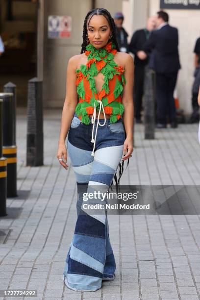 Leigh-Anne Pinnock leaving BBC Radio One studios after performing in the Live Lounge on October 10, 2023 in London, England.