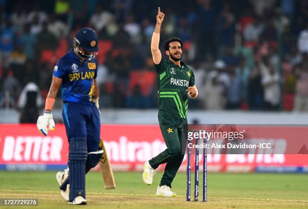 Hasan Ali of Pakistan celebrates after dismissing Sadeera Samarawickrama of Sri Lanka during the ICC Men's Cricket World Cup India 2023 between...