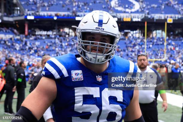 Quenton Nelson of the Indianapolis Colts walks off the field after win over the Tennessee Titans at Lucas Oil Stadium on October 08, 2023 in...