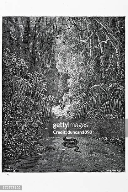 garden of eden - etching stock illustrations