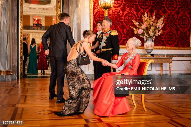 Anne-Sofie Toernsoe Olesen and Alexander Lüders Rix Bach from Egedal Municipality are received by Danish Queen Margrethe II, Crown Prince Frederik...