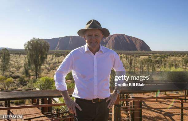 Australian prime minister Anthony Albanese poses for a photo in the Uluru Kata Tjuta National Park on October 10, 2023 in Uluru, Australia. The Prime...