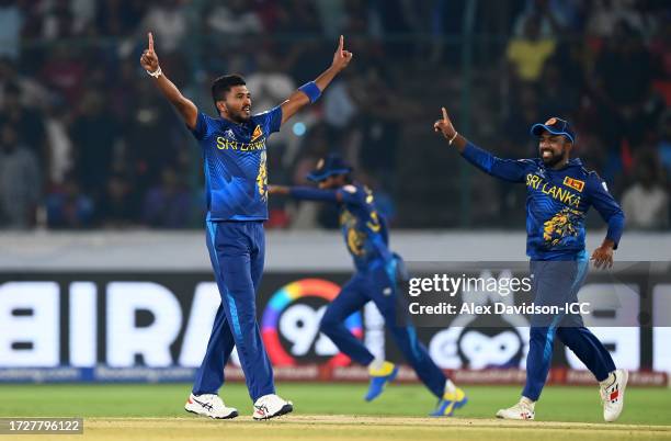 Dilshan Madushanka of Pakistan celebrates the wicket of Imam-ul-Haq of Pakistan during the ICC Men's Cricket World Cup India 2023 between Pakistan...