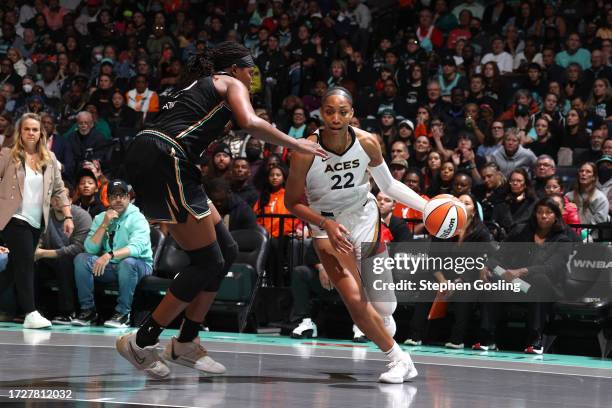 Ja Wilson of the Las Vegas Aces drives to the basket during the game against Jonquel Jones of the New York Liberty during Game 3 of the 2023 WNBA...