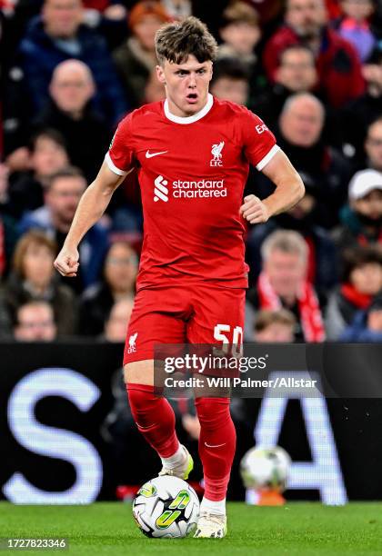 Ben Doak of Liverpool on the ball during the Carabao Cup Third Round match between Liverpool FC and Leicester City at Anfield on September 27, 2023...