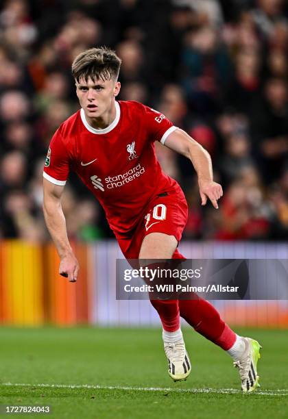 Ben Doak of Liverpool running during the Carabao Cup Third Round match between Liverpool FC and Leicester City at Anfield on September 27, 2023 in...
