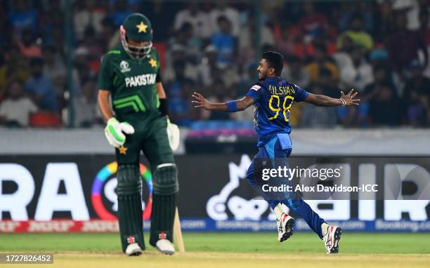 Dilshan Madushanka of Sri Lanka celebrates the wicket of Babar Azam of Pakistan during the ICC Men's Cricket World Cup India 2023 between Pakistan...