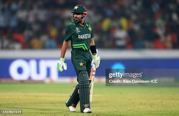Babar Azam of Pakistan makes their way off after being dismissed during the ICC Men's Cricket World Cup India 2023 between Pakistan and Sri Lanka at...