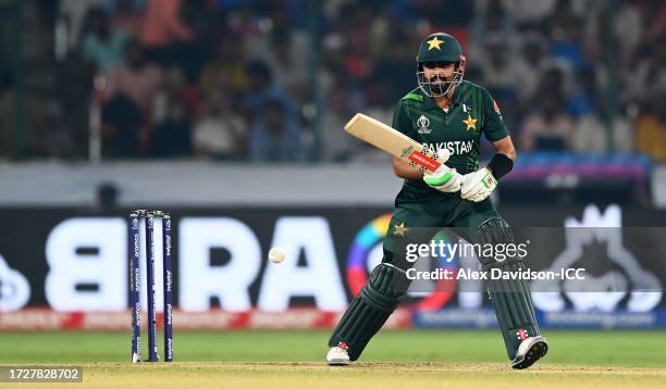 Babar Azam of Pakistan plays a shot during the ICC Men's Cricket World Cup India 2023 between Pakistan and Sri Lanka at Rajiv Gandhi International...