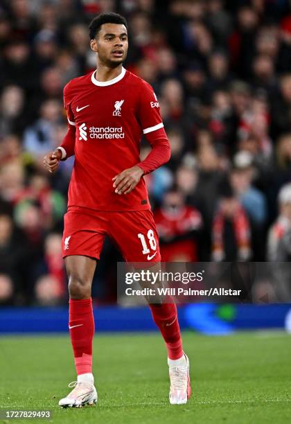 Cody Gakpo of Liverpool in action during the Carabao Cup Third Round match between Liverpool FC and Leicester City at Anfield on September 27, 2023...