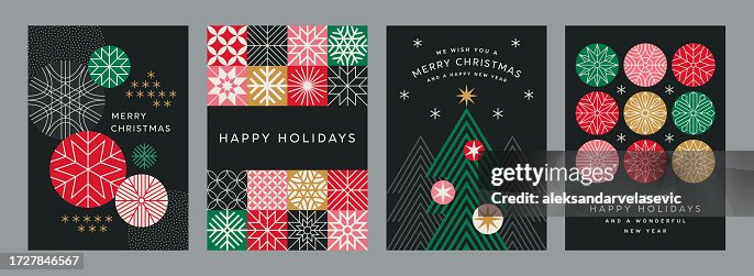 Cartes de Noël avec arbre de Noël et flocons de neige abstraits Cartes de Noël avec arbre de Noël et flocons de neige abstraits