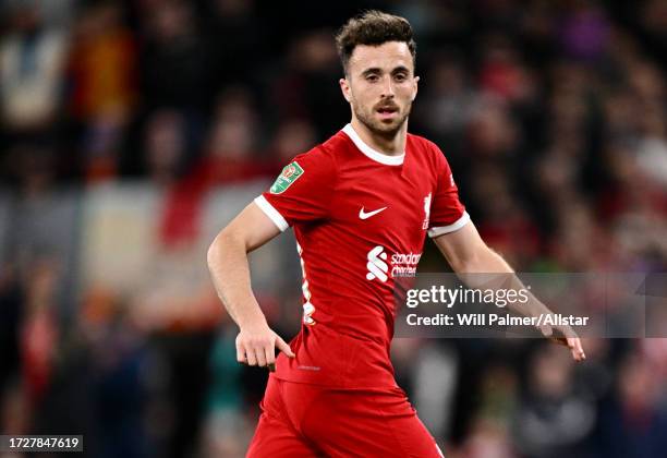 Diogo Jota of Liverpool running during the Carabao Cup Third Round match between Liverpool FC and Leicester City at Anfield on September 27, 2023 in...