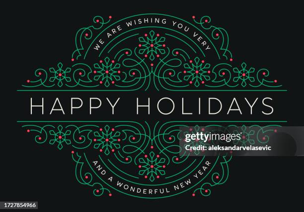 ornate holiday christmas greeting card with swirl frame and typography - holiday stock illustrations