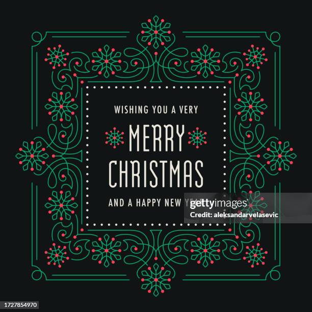 ornate holiday christmas greeting card with swirl frame and typography - filigree stock illustrations