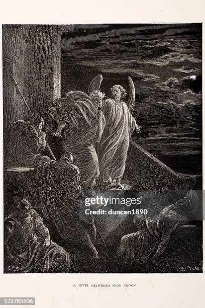 saint peter delivered from prison - security sleeping stock illustrations