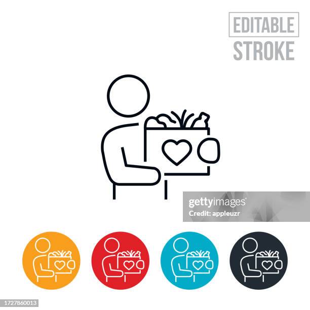ilustrações de stock, clip art, desenhos animados e ícones de person holding a box of donated food thin line icon - editable stroke - banco alimentar
